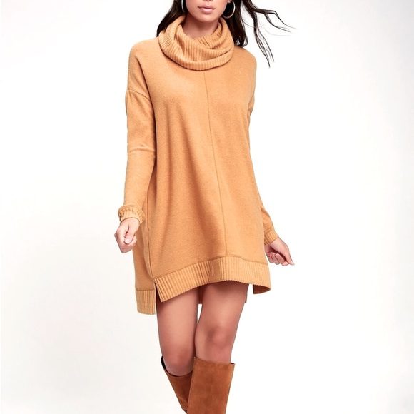 Lulus Dresses & Skirts - Lulus Autumn Daze Camel Cowl Neck Long Sleeve Sweater Dress/Tunic